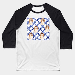 King Charles spaniels and blue lattice seamless pattern Baseball T-Shirt